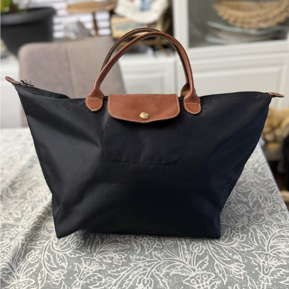 Longchamp Black Tote with Brown Handles